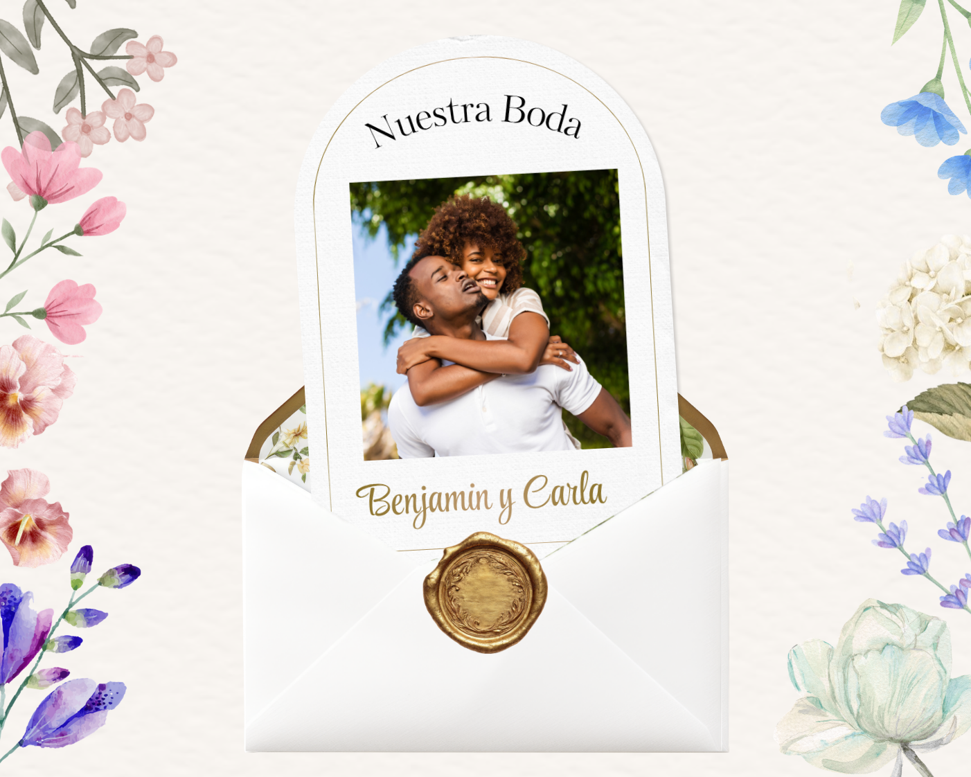 Invitación digital de boda floral con foto de la pareja, Benjamín y Carla