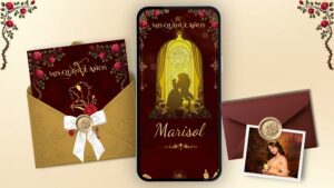 Invitación digital XV años Bella y la Bestia con rosas rojas y detalles dorados