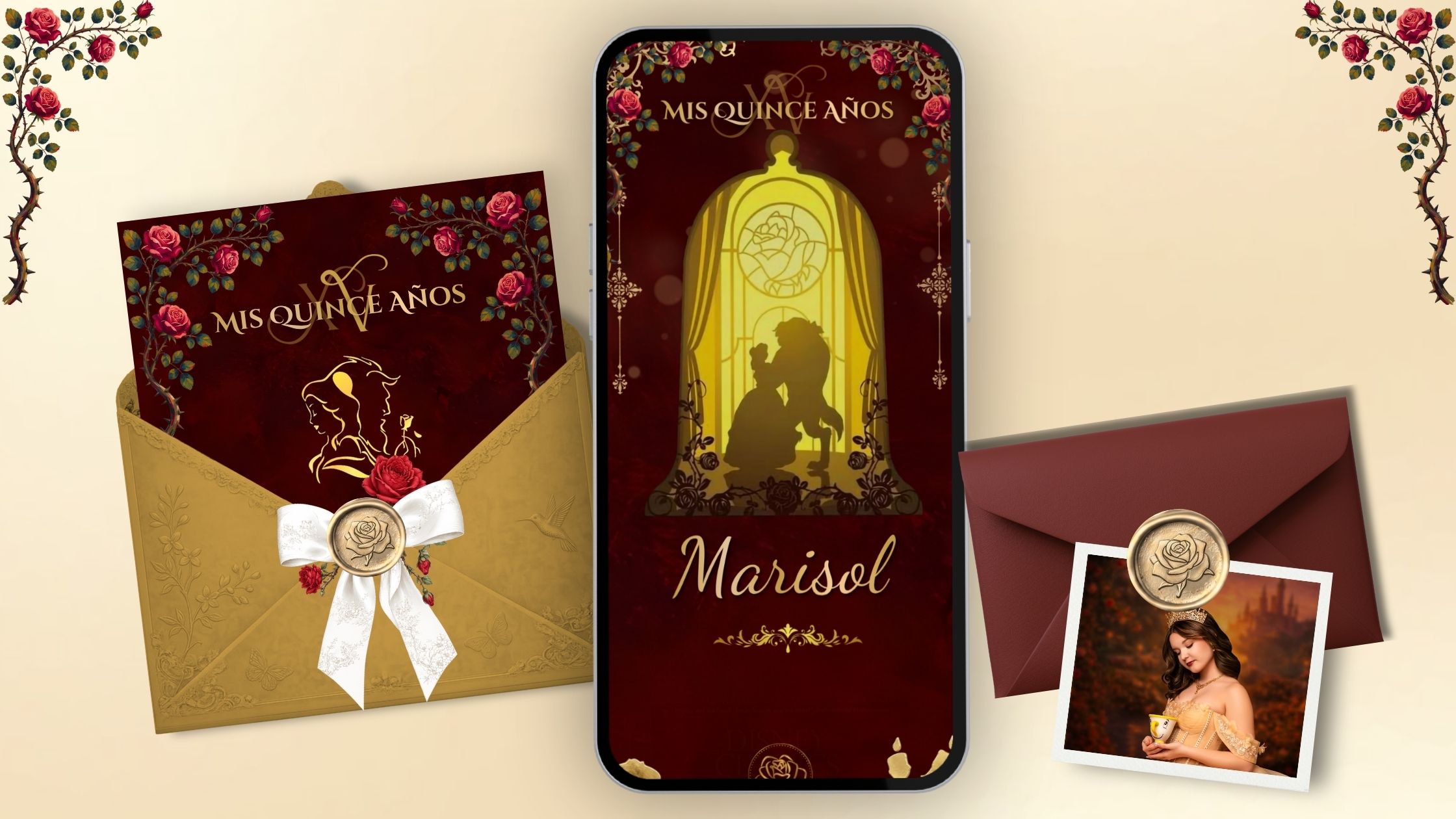 Invitación digital XV años Bella y la Bestia con rosas rojas y detalles dorados