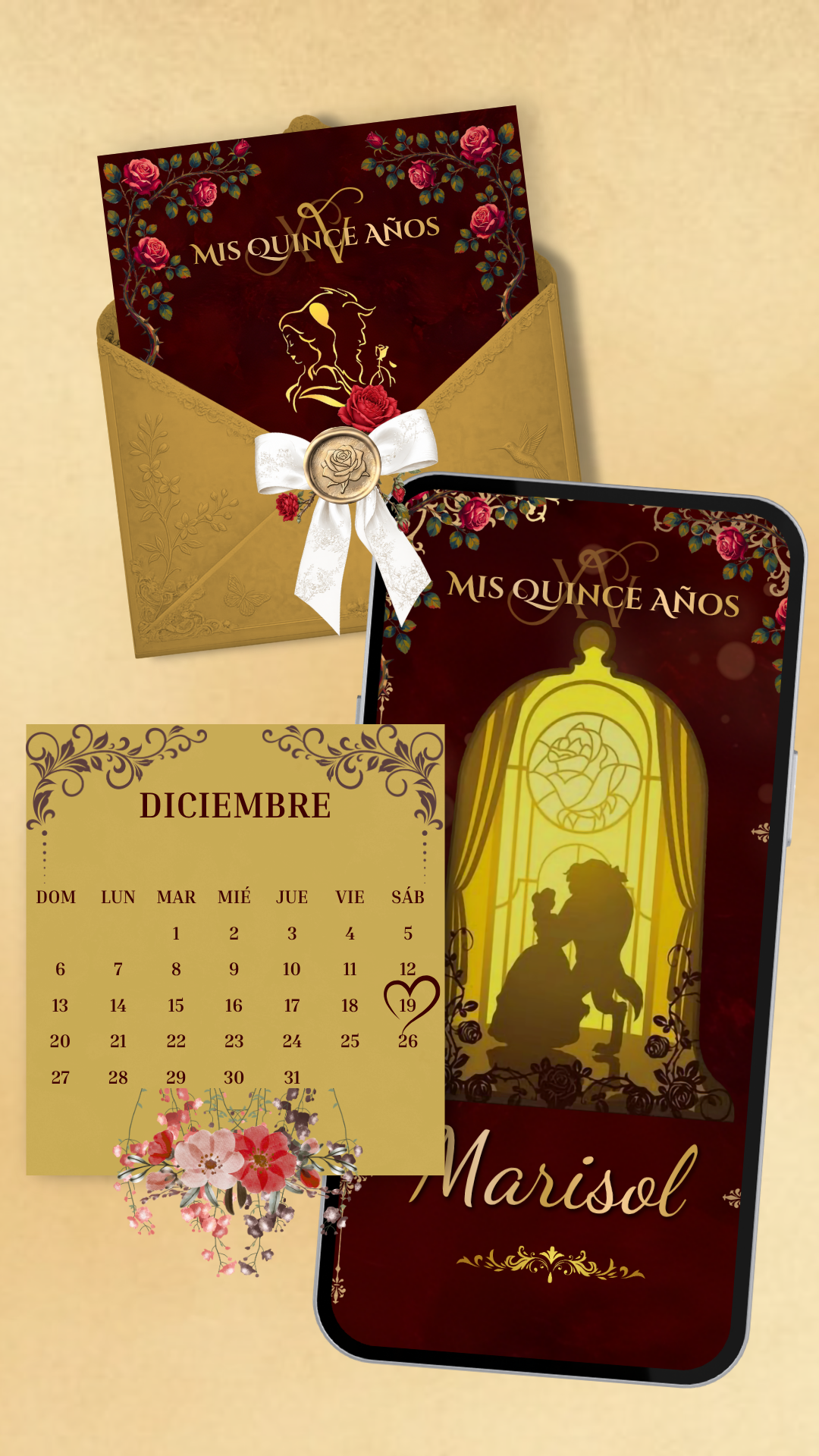 Diseño 21 de invitación quinceañera Bella y la Bestia para XV años