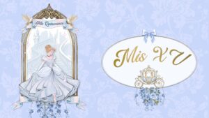 Invitación digital de quince años estilo Cenicienta en tonos azul y dorado