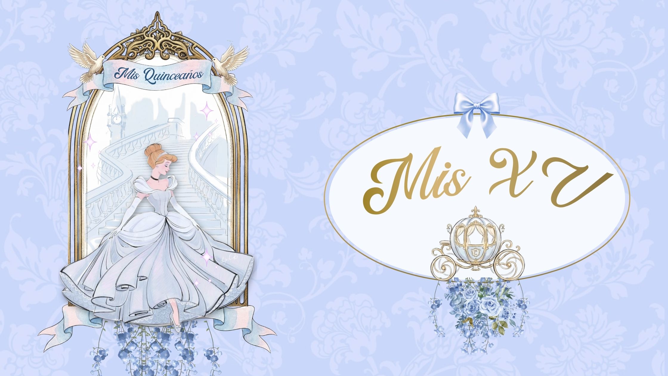 Invitación Cenicienta XV digital en tonos azul cielo y dorado con diseño de princesa