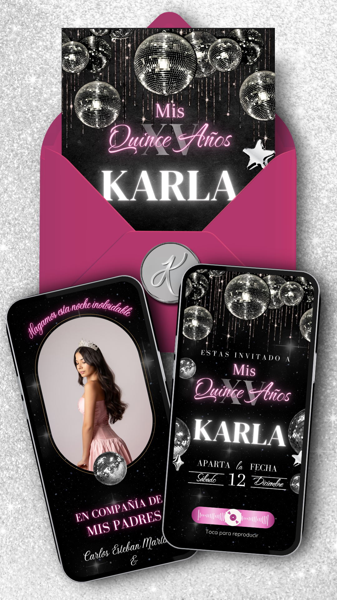 Invitación digital para XV años disco en negro y rosa