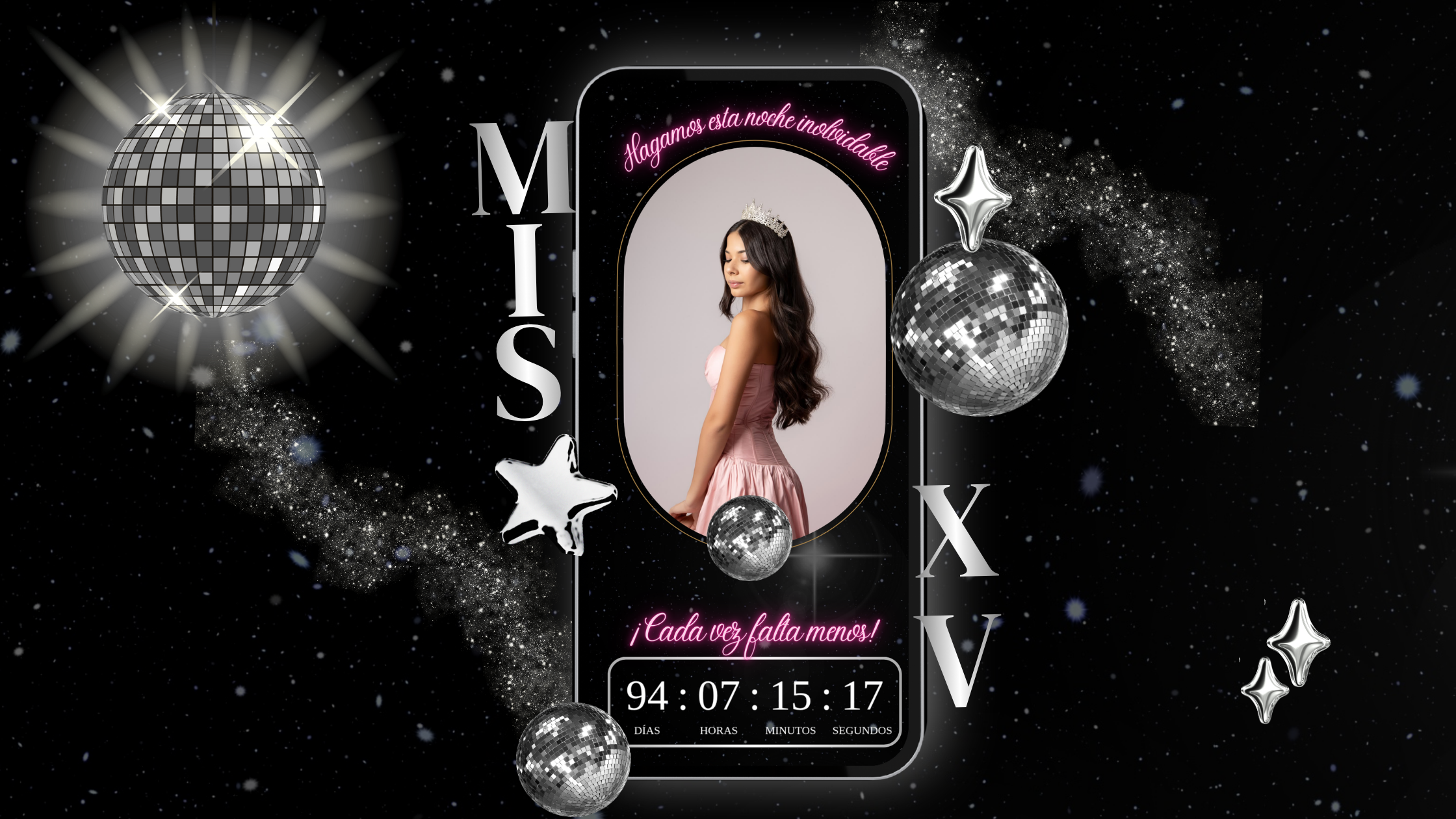 Invitación de XV años disco en negro, rosa y plateado