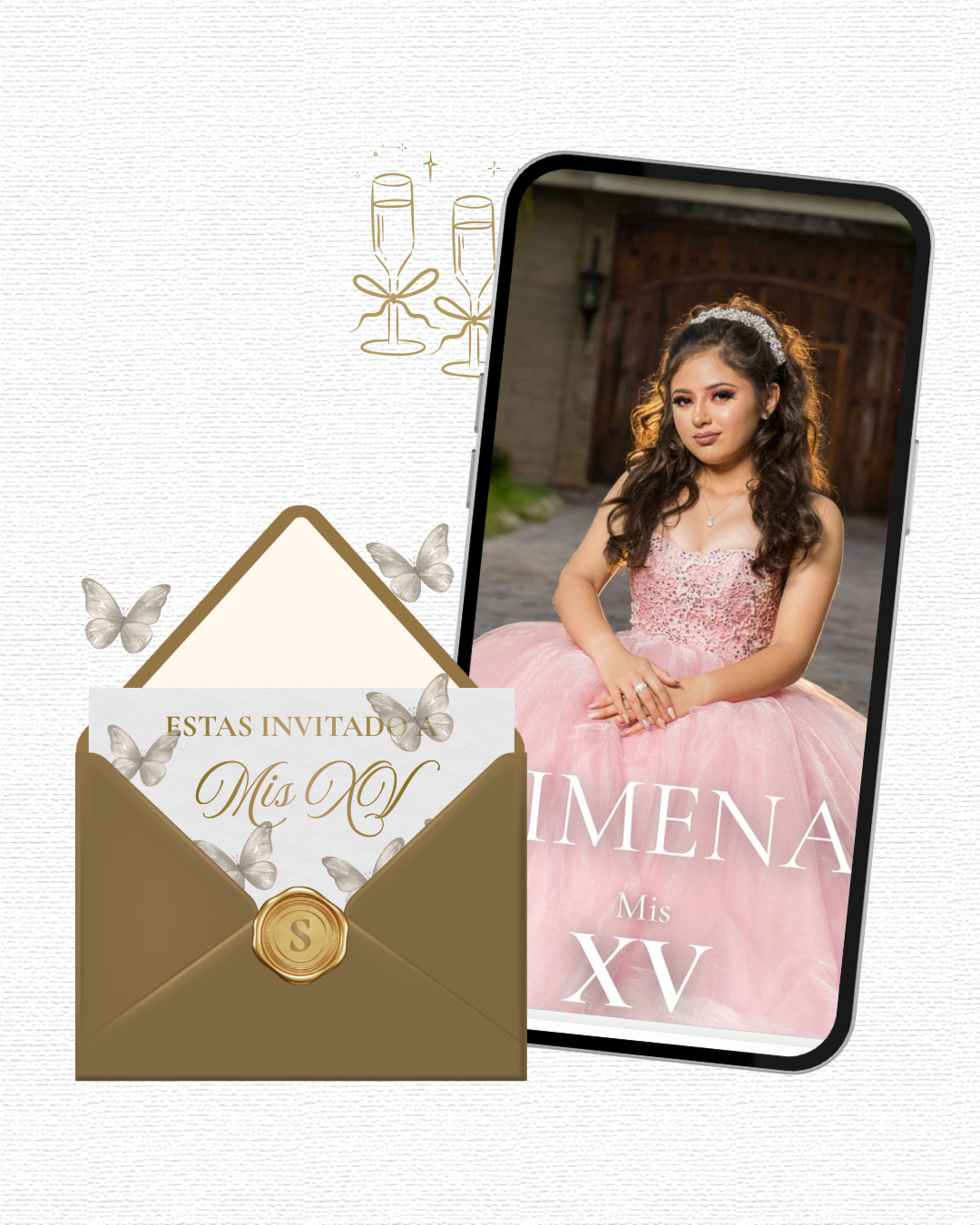 Invitación digital de XV años elegante rosa y dorado