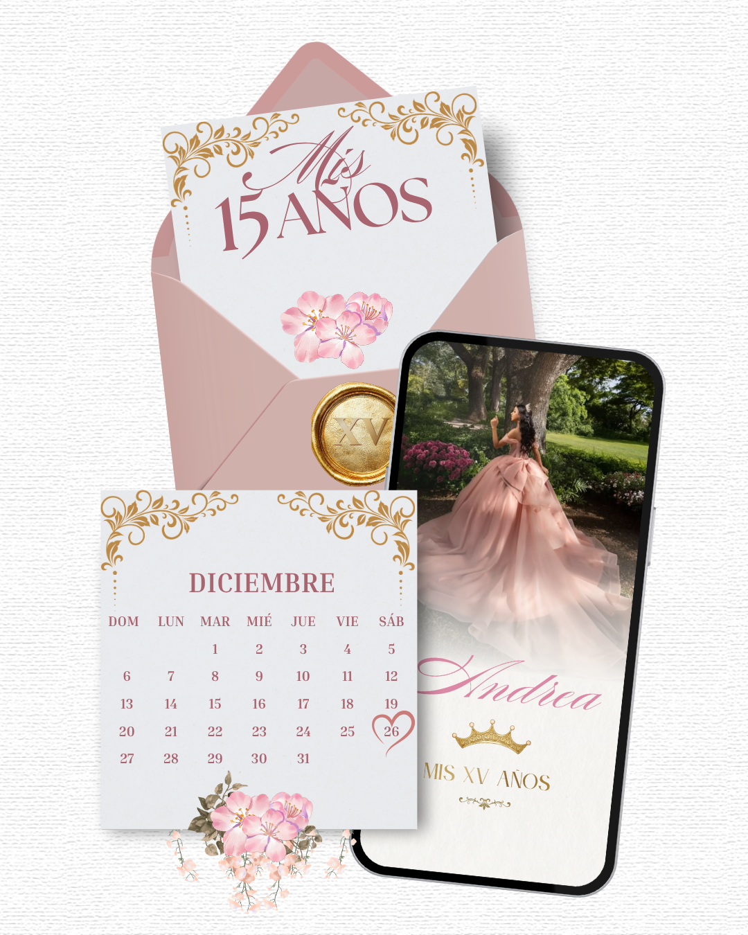 Invitación elegante para quinceañera con mariposas y dorado